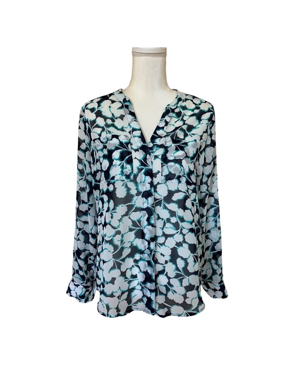 Gap Womens Floral Button Down Blouse Teal Navy White Sheer Long Sleeve Small